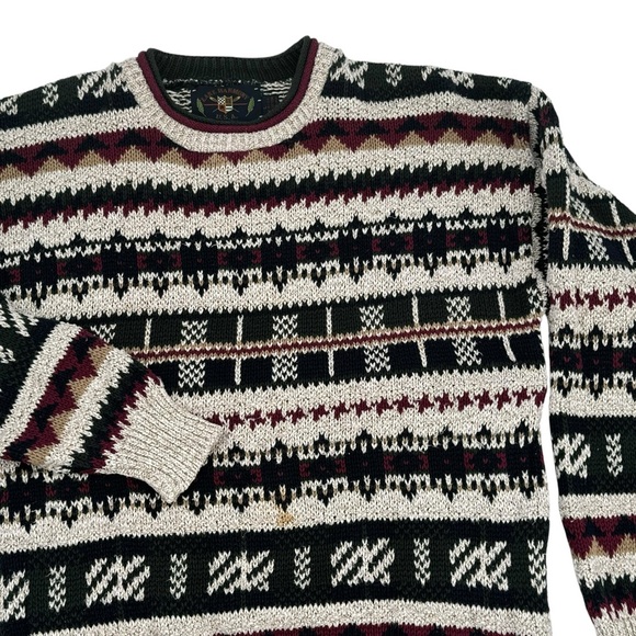 Vintage 90s Grandpa Sweater Crewneck Pullover Geometric Stripes 100% Cotton | L - Picture 5 of 10